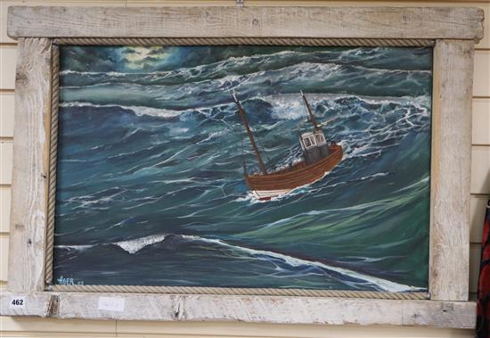 Danny Ager (20th C), oil on canvas, Trawler in high seas, signed and dated 03, 50 x 75cm